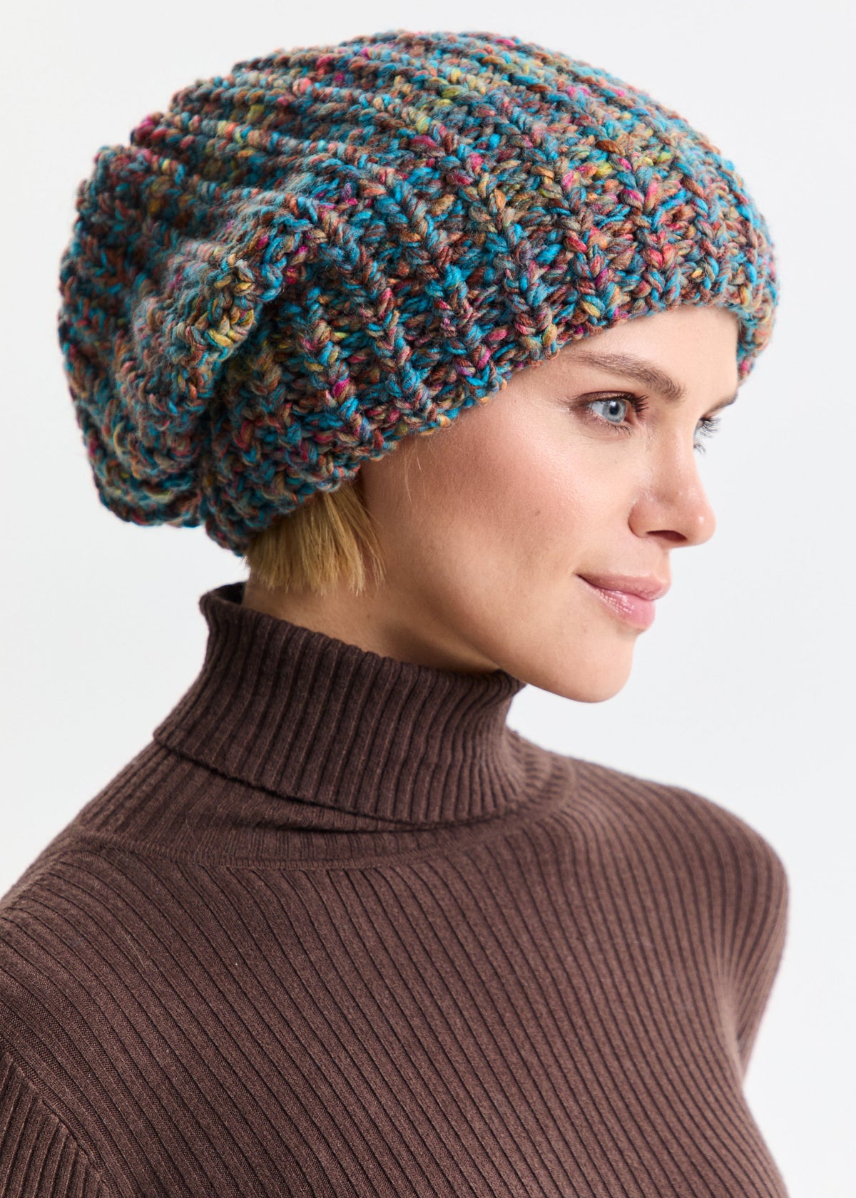 Oversized Double-Layer Wool Hat in Turquoise & Orange