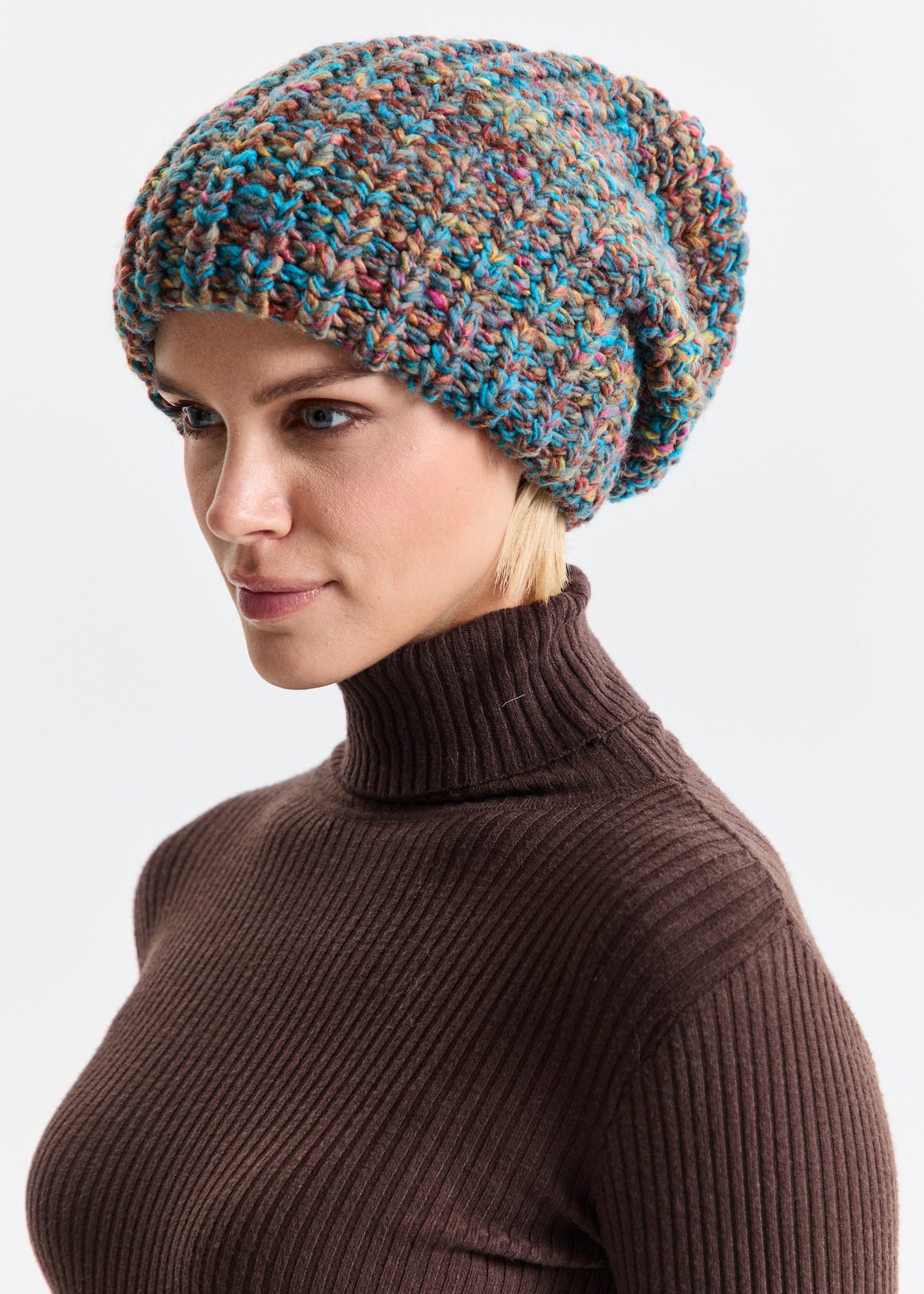 Oversized Double-Layer Wool Hat in Turquoise & Orange