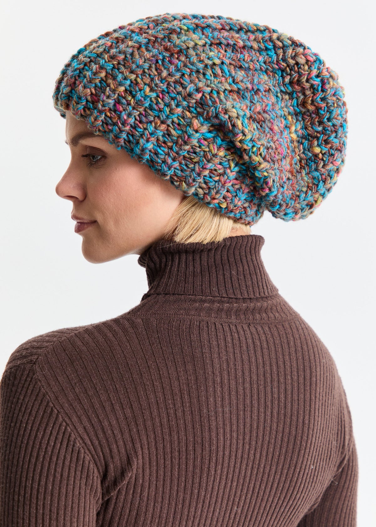 Oversized Double-Layer Wool Hat in Turquoise & Orange
