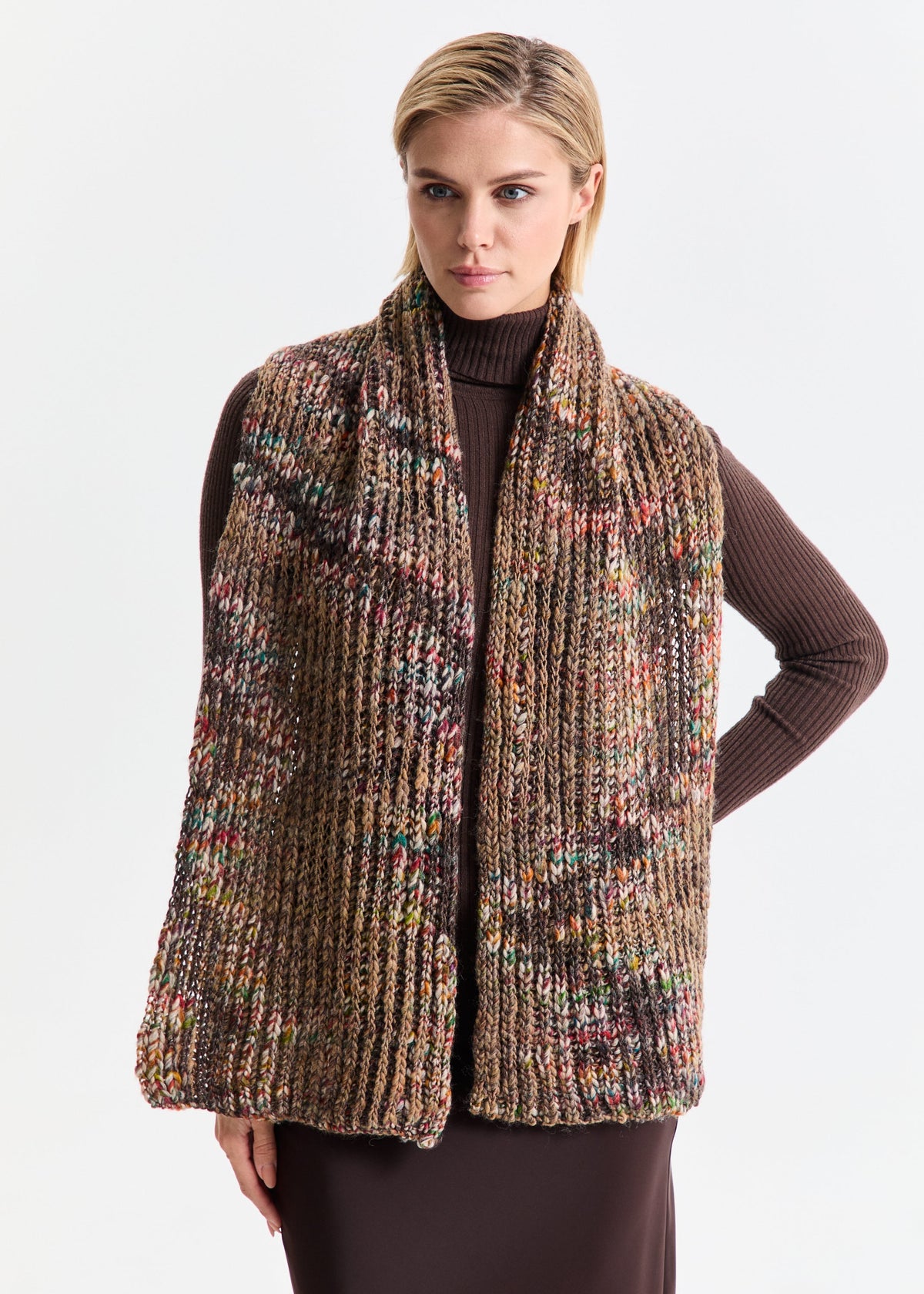 Oversized Multicolor double-layer wool hat: Outfit view with matching scarf and no hat, scarf sold separately
