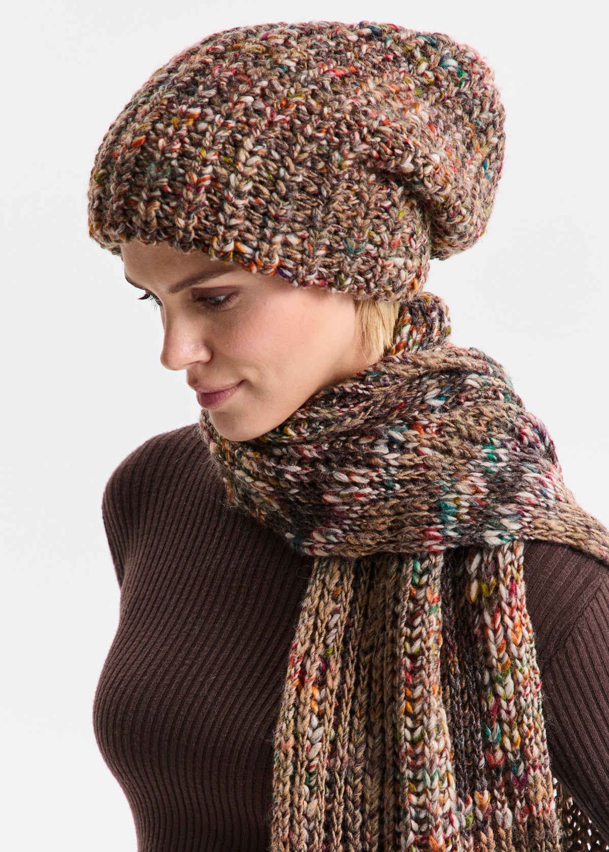 Oversized Multicolor double-layer wool hat: Looking-down portrait with matching scarf, sold separately