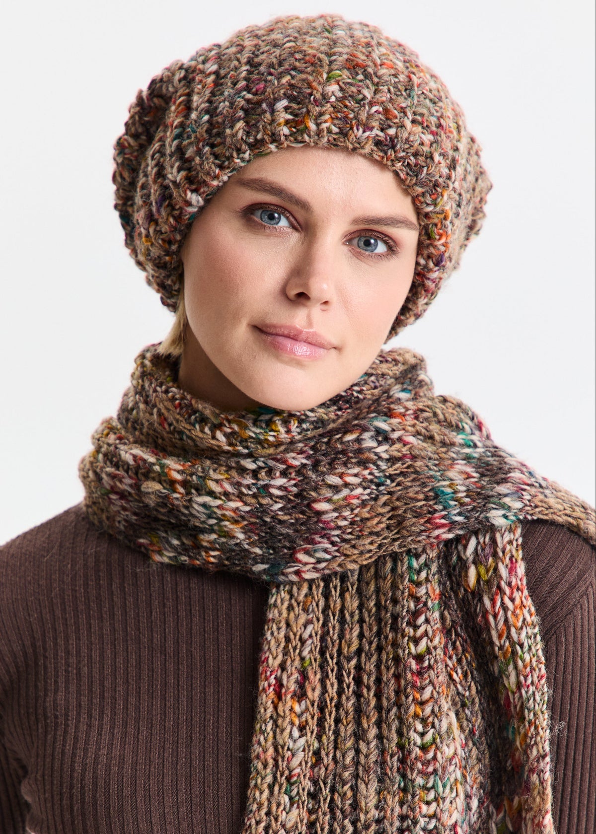 Oversized Multicolor double-layer wool hat: Three-quarter close-up with matching scarf, sold separately
