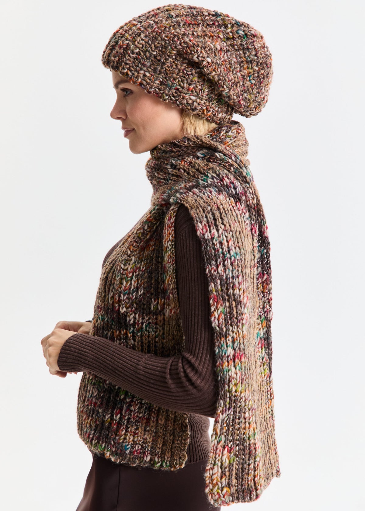 Oversized Multicolor double-layer wool hat: Side outfit view with matching scarf, sold separately