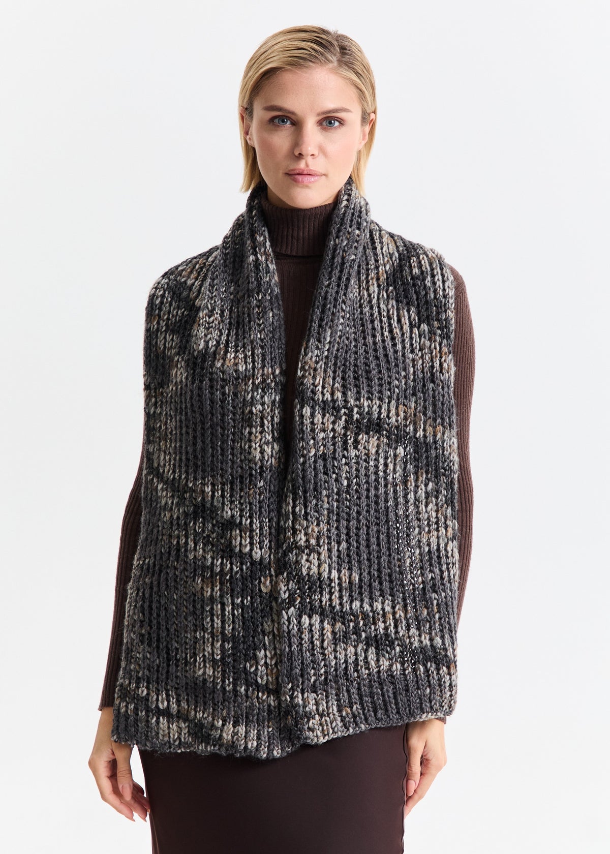 Oversized Dark Gray alpaca-wool scarf: Front outfit view showing long dark gray ends; beanie sold separately