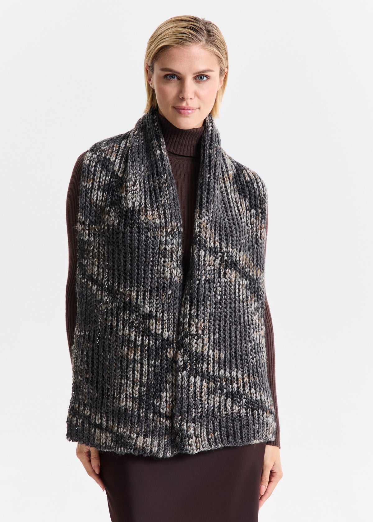 Oversized Dark Gray alpaca-wool scarf: Front outfit view with scarf draped over shoulders; beanie sold separately