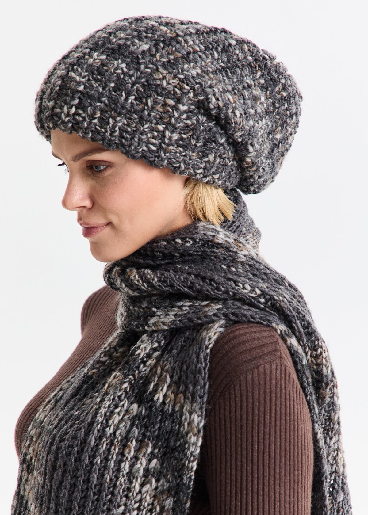Oversized Dark Gray alpaca-wool scarf: Side close-up wrapped at the neck; beanie sold separately