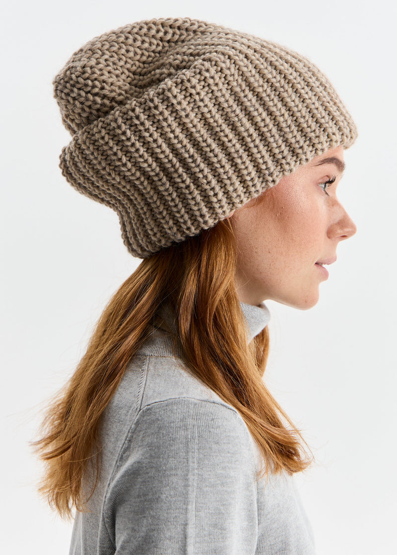 Oversized Double-Layer Wool Hat in Beige