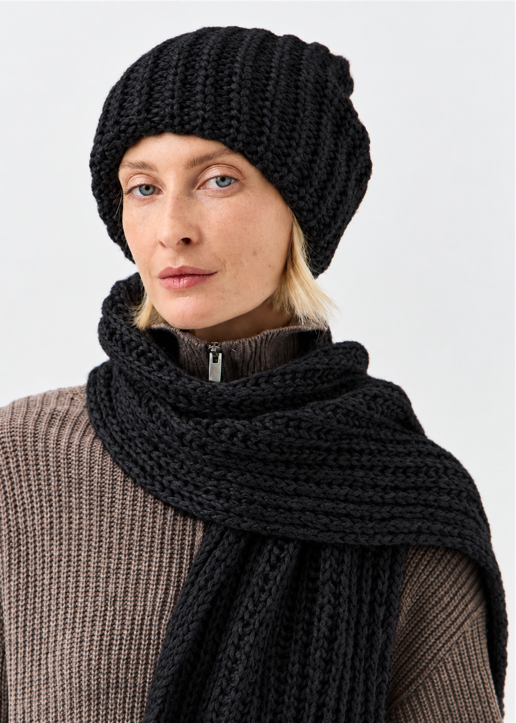 Lustre Black Melange alpaca-wool scarf: Front close-up wrapped at the neck; beanie sold separately