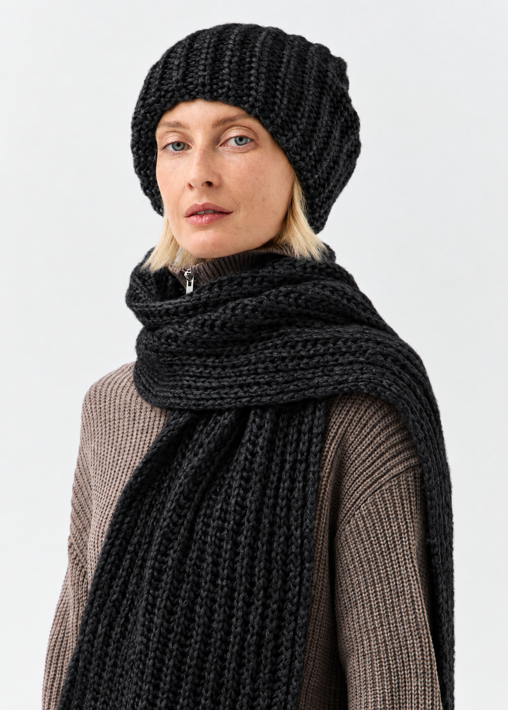 Lustre Black Melange alpaca-wool scarf: Front close-up of the wrapped knit; beanie sold separately