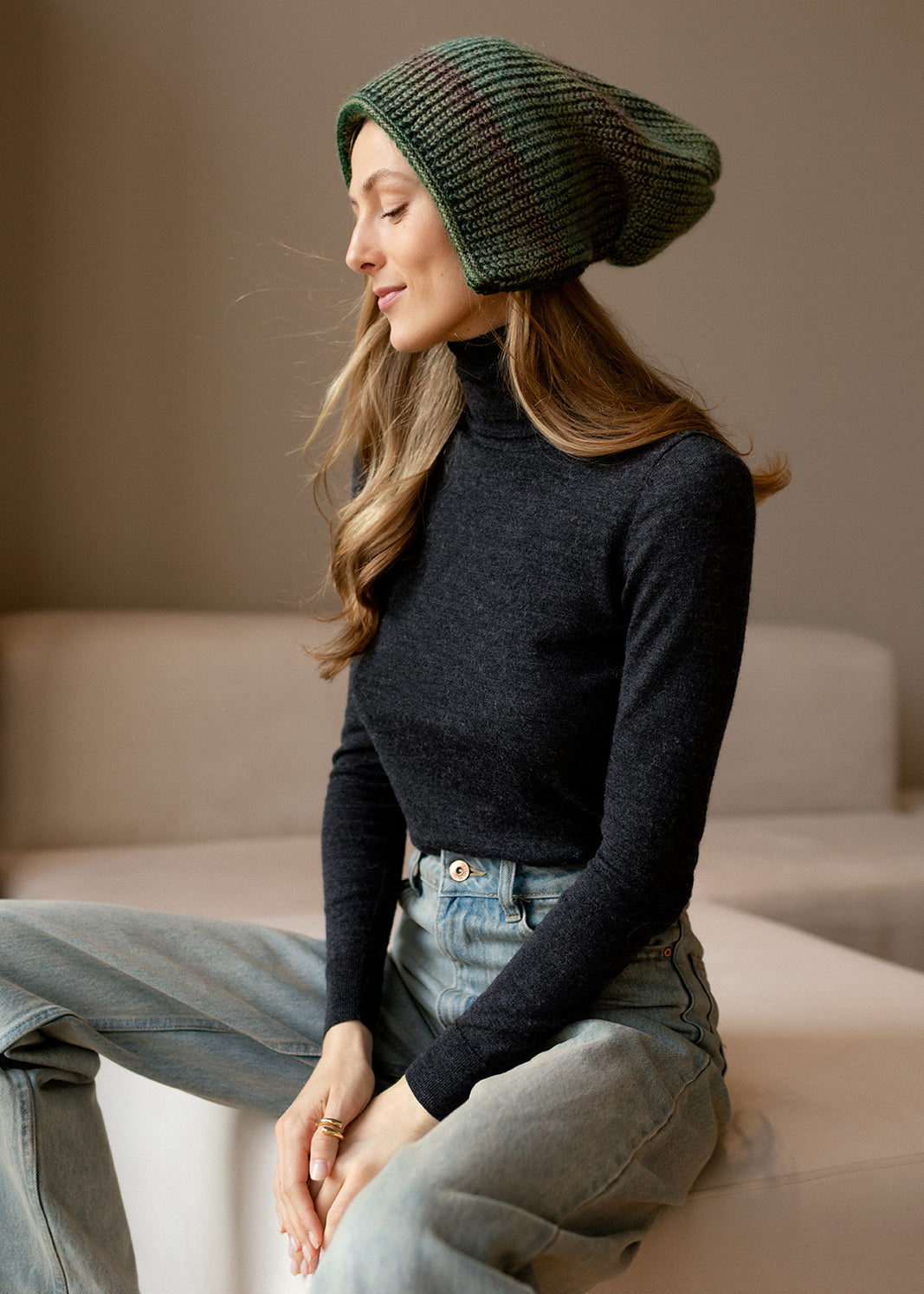 Reversible Wool Beanie Green Lisse - Double-Sided Warm Hat