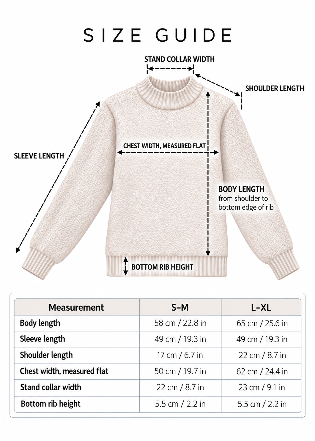 Sweater size guide with measurements