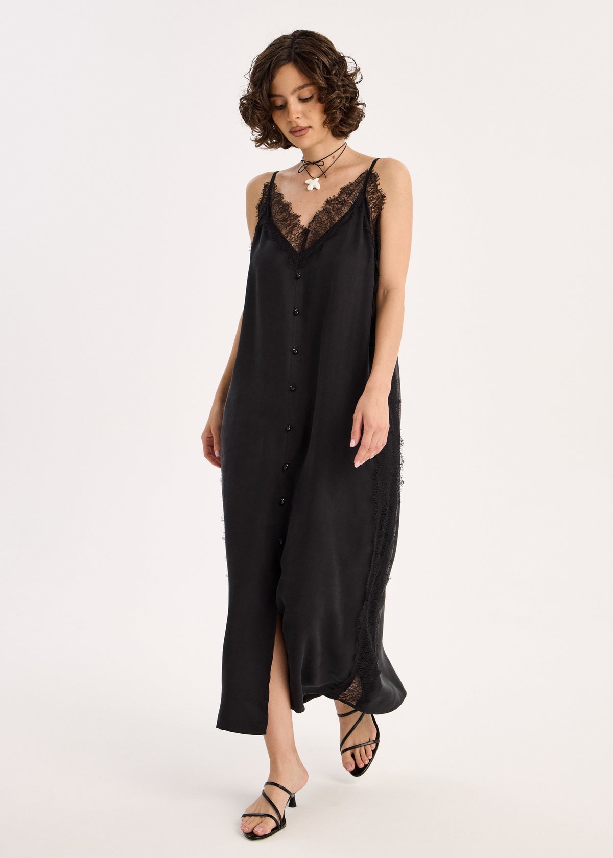 black slip dress with white lace Widow Goth Lace Floral Embroidered Satin Slip Dress