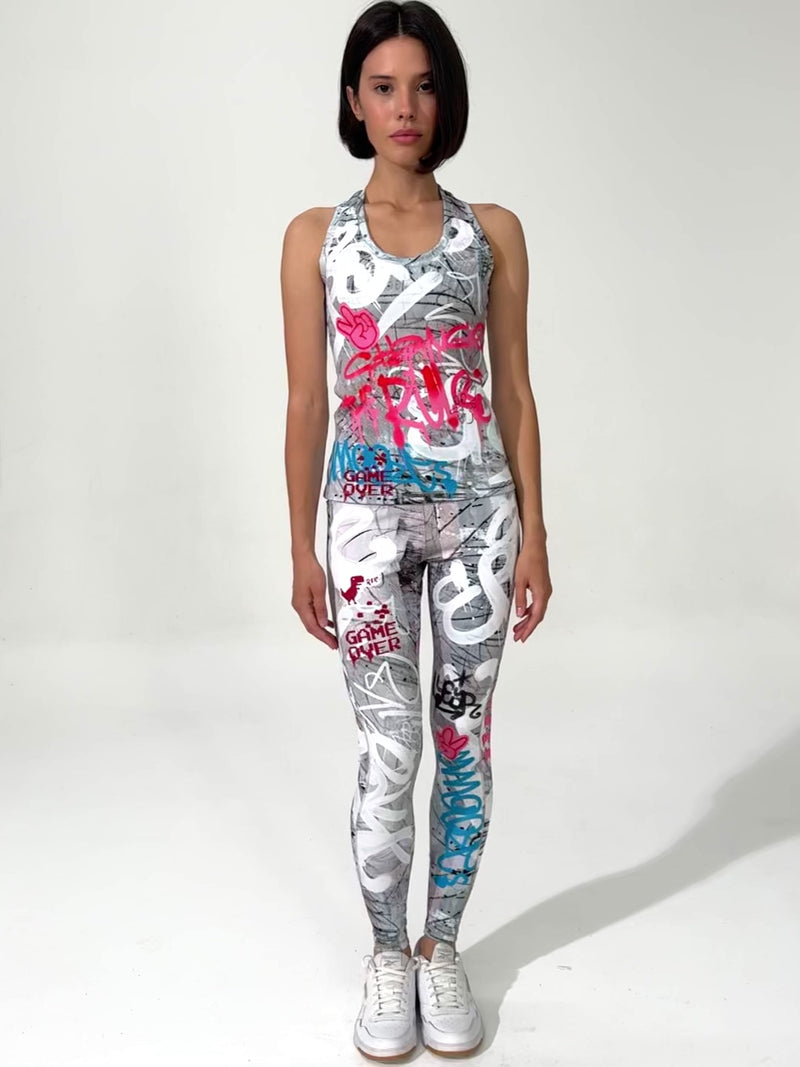 Graffiti Print High-Waisted Leggings – Yoga, Workout & Street Style