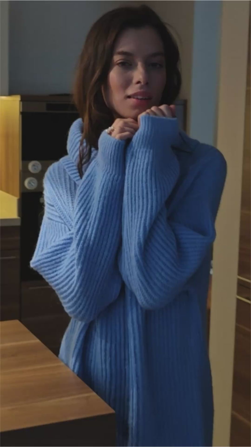 Blue Chic Knit Sweater Dress with Funnel Neck