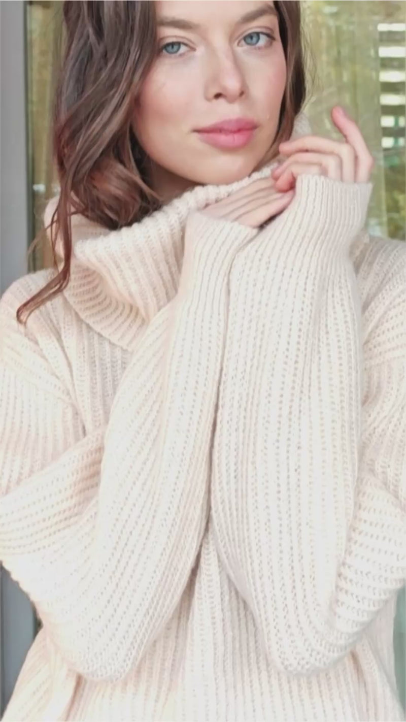 Beige Chic Knit Sweater Dress with Funnel Neck