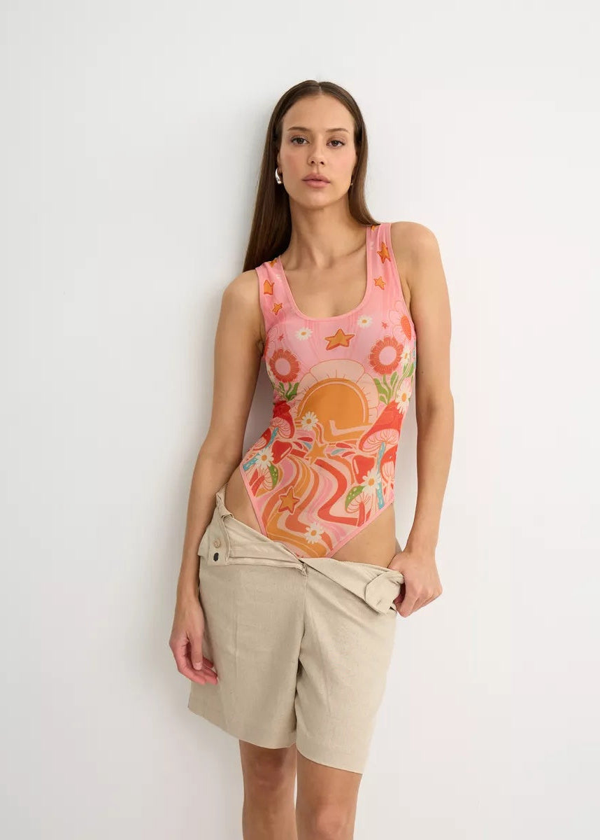 Mushrooms Mesh Sleeveless Bodysuit for Women - Tattoo Inspired Design - BRIKOLY