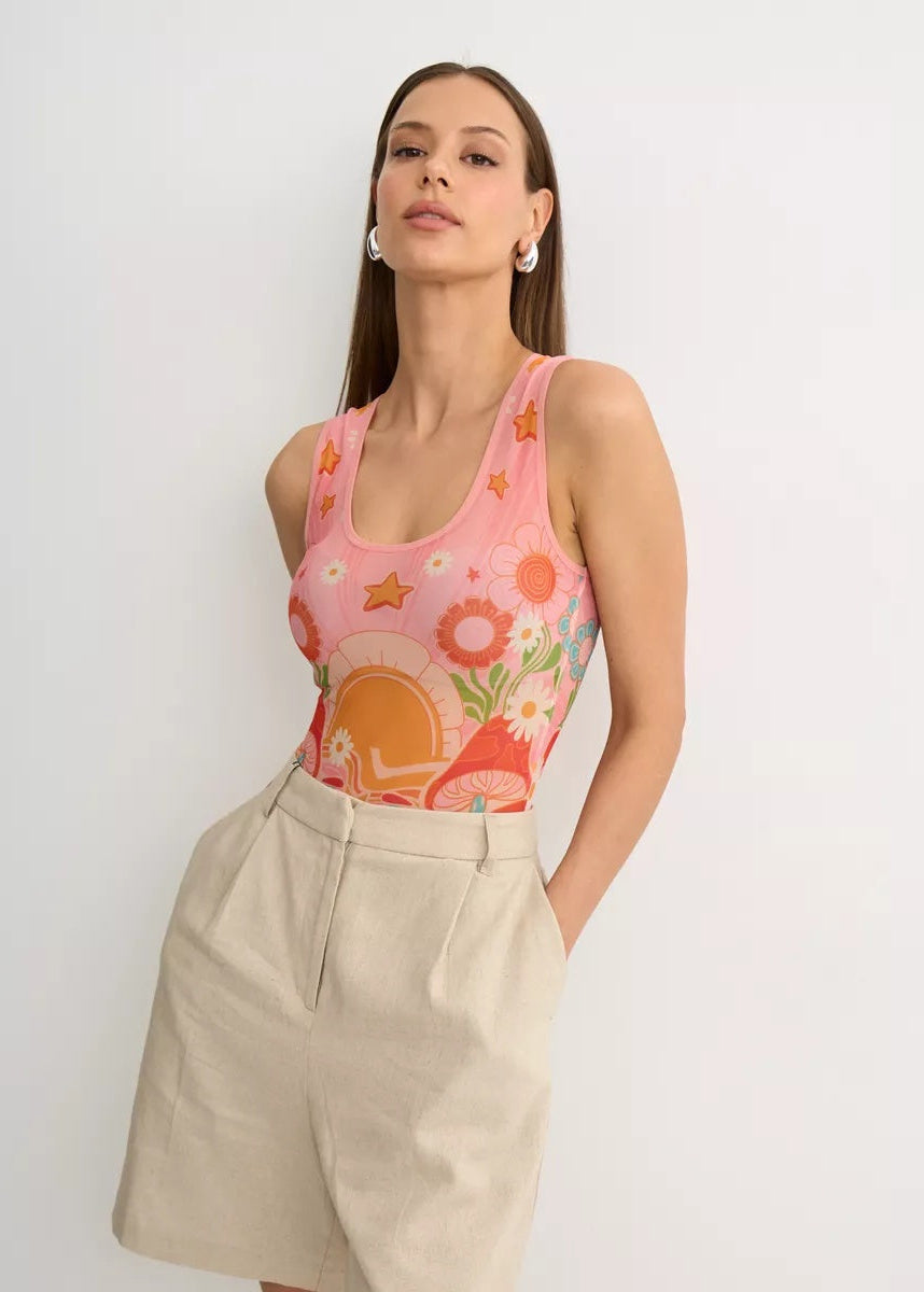 Mushrooms Mesh Sleeveless Bodysuit for Women - Tattoo Inspired Design - BRIKOLY